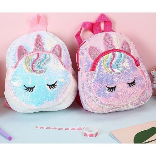Silver Shiny Sequin Backpack Paillette Unicorn Design Satchel Adorable Bookbag Fashion Cute Kids Travel Small School Bag