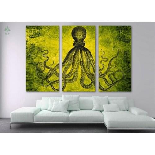 Octopus Triptych Canvas Print Wall Art 3 Panel Split For Home Office Decor Interior Design