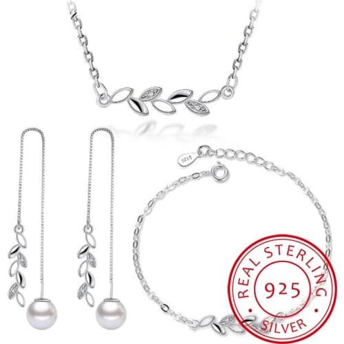 Simple 925 Sterling Silver Jewelry Sets Branch Leaves Zirconia Necklace+Earrings+Bracelet For Women Girl Gift