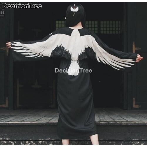 2021 women crane printing dress girls kimono cosplay costumes cute long kimono dress black vestido halloween japanese wear