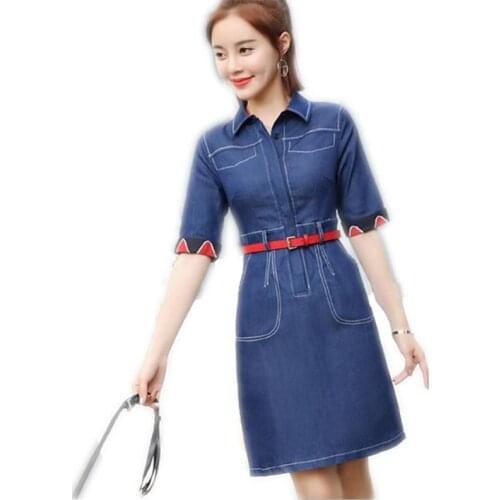 2019 Fashion Women Office Lady Denim A-Line Dress Female Spring Summer Empire Dress With Belt Short Sleeve Turn-Down Collar Q232