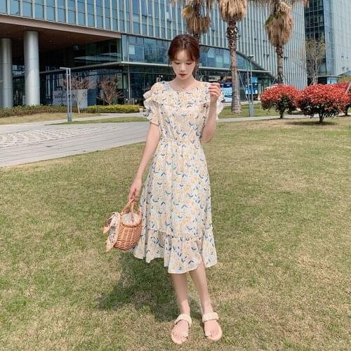 2021 Floral Dress Women Strapless French Style Was Thin Summer New Temperament Ladies Short Sleeve Chiffon A-Line Long Skirt