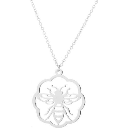 1pc Cutout Bee With Flower Stainless Steel Pendant Necklace Simple Bugs Charms Necklaces Women Girls Kids Fashion Jewelry
