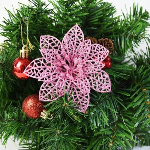 10cm Pink Artificial Flowers Polyester Christmas Ornaments Decorations Party Flower Wreath Garland Decor Galitter Fake Flower