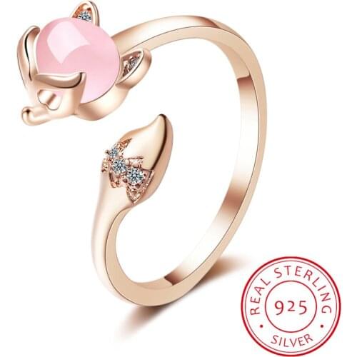 925 Sterling Silver Animal Fox Adjustable Finger Rings for Women Opal Stone Open Size Fox Tail Ring Sterling Silver Jewelry