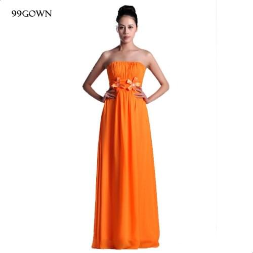 99GOWN Wedding Dress Guest 2019 Simple Orange Pleated Chiffon Long Dress Bridesmaid Dresses Off Shoulder Wedding Party Dress