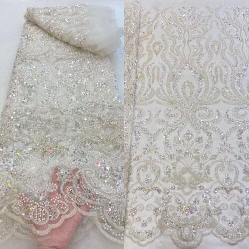 African lace fabric S-6988813 with beaded and sequins french lace fabric appliques tulle lace for bridal wedding party dress