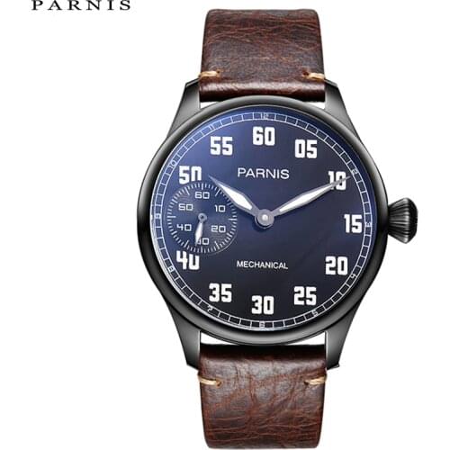 New Casual 44mm Parnis Man Watch Mechanical Hand Winding Leather Hand Wind Power Reserve Mens Watches 17 Jewels Man Clock 2019