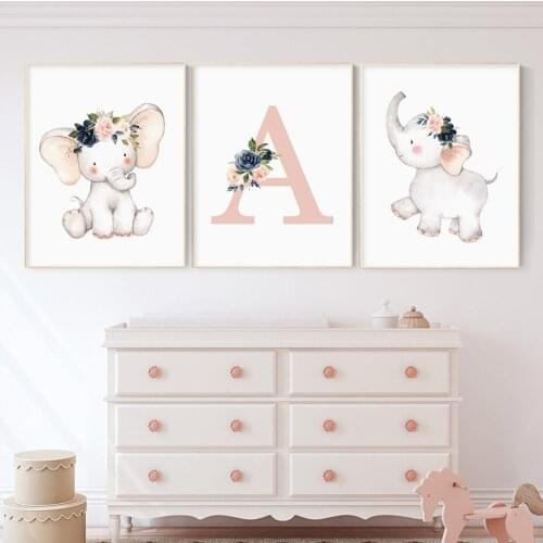Girl Pink Flower Elephant Posters Personalized Babys Name Custom Nursery Wall Art Canvas Painting Decor Picture For Kid Bedroom