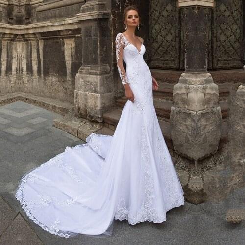 Eightale Mermaid Wedding Dress with Long Sleeves V-Neck Appliques Boho Wedding Gowns Elegant Bride Dresses vestidos de novia
