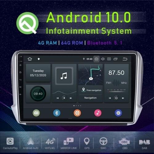 JSTMAX 10.2" Android 10.0 Car GPS Player For Peugeot 208&2008 2017-2018 GPS Car Auto Stereo Multimedia Player