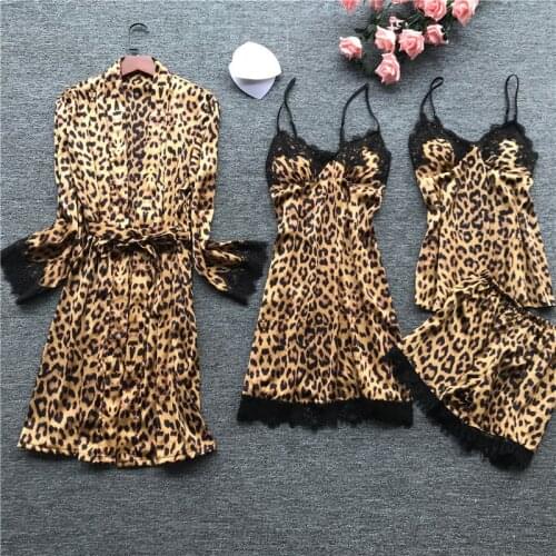 JULYS SONG New Leopard Printed 4 Piece Pajamas Set Woman Sexy Sleepwear Faux Silk Sling Robe With Chest Pad Sleepwear Shorts