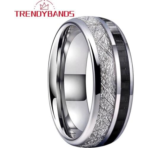 8MM Wedding Bands Tungsten Carbide Rings For Men Women Meteorite Carbon Fiber Inlay Domed Comfort Fit