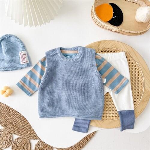 Newborn Baby Boys Girls Clothing Sets Infant Kids Long Sleeve Striped Sweatshirt+Knitted Vest Sweater Waistcoat+Pants 3Pcs Suits