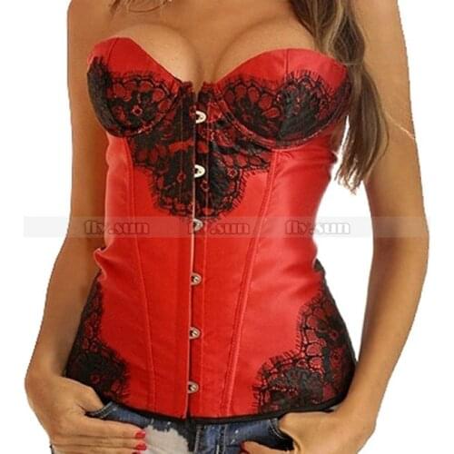 Red Lace Decorated Overbust Corset with Suspender Underwire Bustier Top Sexy Lingerie S M L XL 2XL