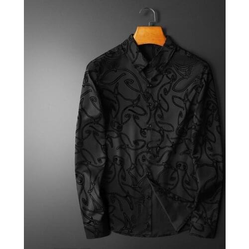 Camisa Social Masculina 2021 Fall Flocking Shirt Casual Business Long Sleeve Black Shirt Large Slim Men Shirt Korean Men Clothes