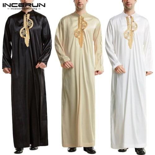 Men Loose Patchwork Muslim Kaftan Robes Islamic Clothing Vintage Long Robes Leisure Long Sleeve Stand Collar Jubba Thobe INCERUN