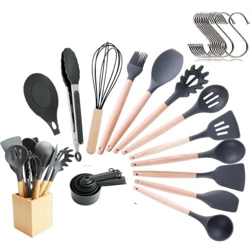 High Quality 23 Pcs Silicone Cooking Utensils Set Non-stick Spatula Shovel Wooden Handle Cooking Tools Set With Storage Box