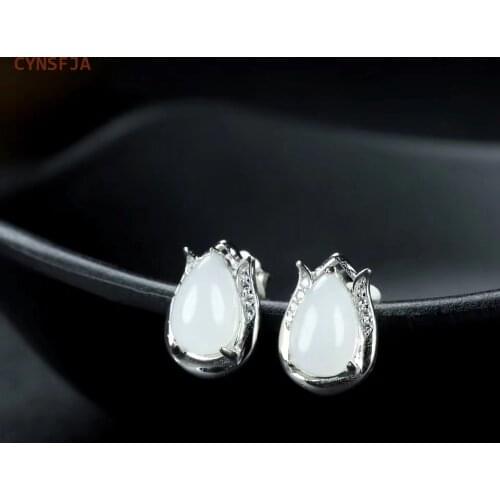 CYNSFJA New Real Rare Certified Natural Jasper Nephrite 925 Silver Women' Lucky Amulets Jade Earrings High Quality Elegant Gifts