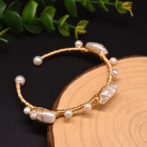 Original Natural Fresh Water White Baroque Pearl Cuff Bangles Women Open Bracelet Wedding Party Gifts Adjustable Fashion Jewelry