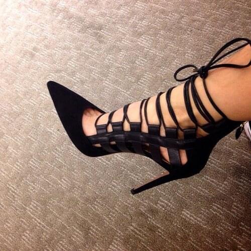 Sexy Pointed Toe Strappy Sandals Cut-out Gladiator Sandals Boots For Women 2018 Spring Autumn High Heel Dress Shoes Real Photo