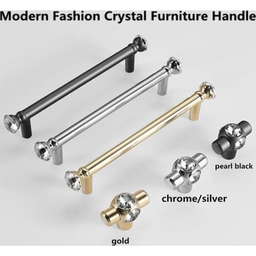 96 128 192mm modern fashion crystal silver gold win cabinet wardrobe kitchen cabinet door handle chrome pearl black drawer knob
