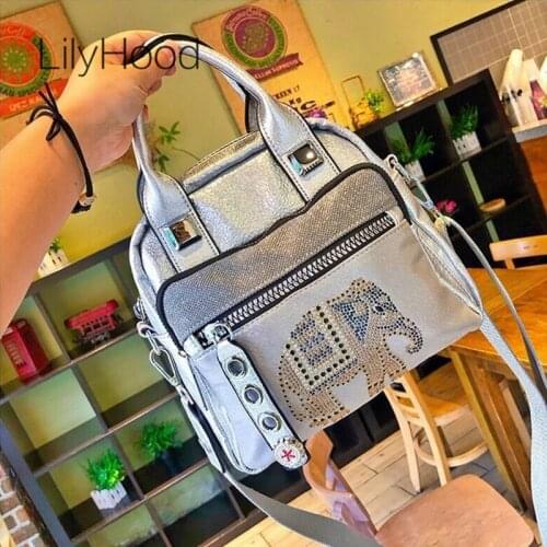 Women Vegan Leather Tribal Rivet Elephant Pattern Handbag Female Artificial Leather Rhinestone Boho Chic Silver Messenger Bag