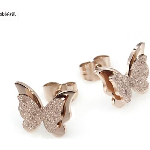 Womens Girls Ear Jewelry Stainless Steel Frosted Butterfly Stud Earrings Rose Gold 3D Butterfly Earings Fashion Jewelry 2017