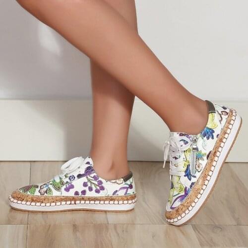 2021 Women Lace-up Flower Summer Vulcanized Female New Platform Fashion Round Toe Shoes Ladies Zip Casual Comfort Flat Plus Size