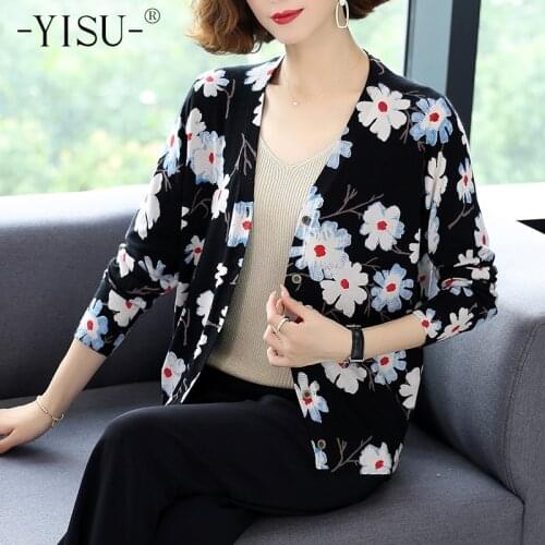 YISU Autumn Winter long Sleeve V neck Knitwear Cardigan Women Knitted Sweater Cardigan Female Printed cardigan sweater Coat