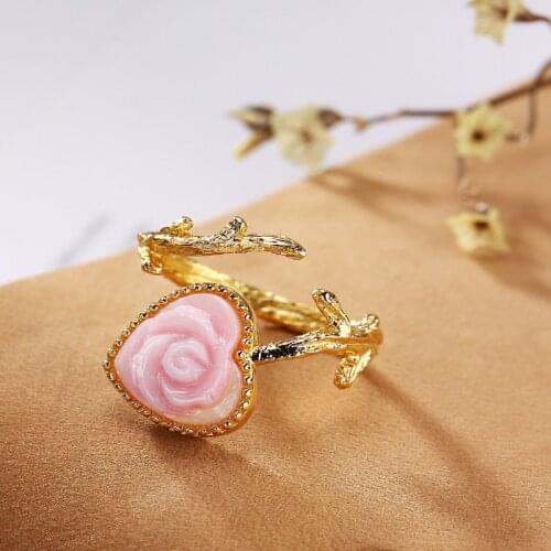 Luxury Fashion 100% 925 Sterling Silver Gold Color Rose Ring For Women Queen Shell Heart Stone Adjustable Ring Fine Jewelry Gift