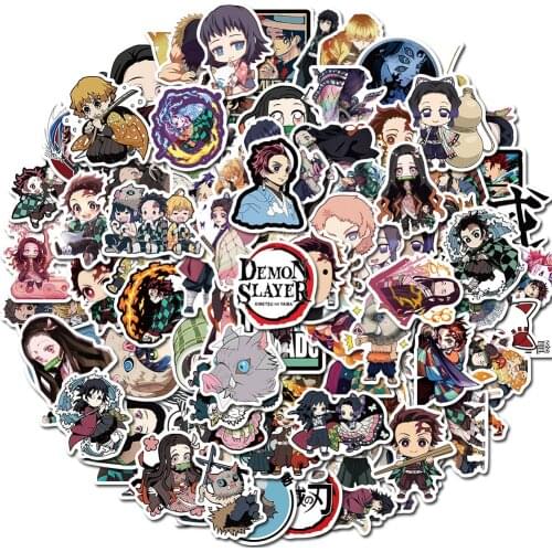 100PCS Anime Kimetsu No Yaiba Stickers For Guitar Laptop Skateboard Texture Two Flutess Demon Cutting Blade Slayer Sticker