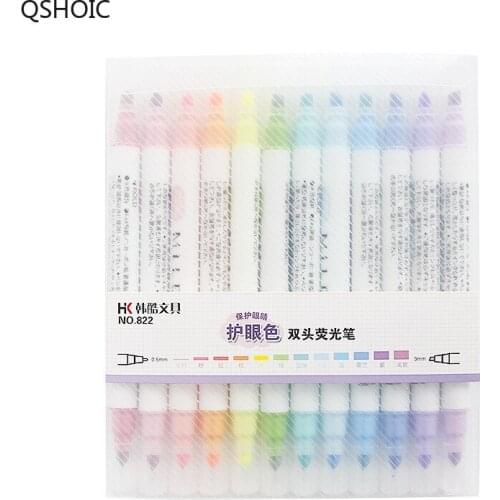 4 Set/L Mild 12 Color Highlighter Marker Dual Side 3mm Bold 0.5mm Fine Drawing Pen Stationery Office School Supplies