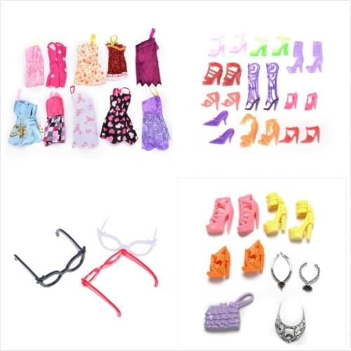 Doll Accessories=10set Doll Clothes Dress 10 Glasses 3pcs Necklace Handbag 10pairs Shoes For Girl Doll