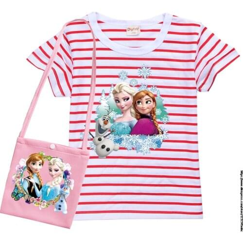 Disney Cartoon Frozen Elsa Summer Kids Girls Stripe Cotton T-shirt +bag Children Striped T Shirt Tops Tees Size 100-170 Clothing