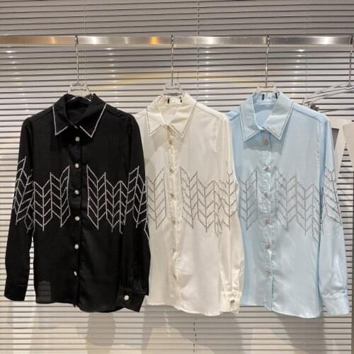 European Autumn New Small Fragrance Rhinestone Hot Diamond Wheat Ear Long Sleeve Mercerized Shirts Women Fashion Streetwear 2021