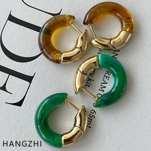 HANGZHI 2021 INES New Amber Acrylic Gold Color Metal Copper Splicing C-shaped Hoop Earrings for Fashion Women Girl Party Jewelry