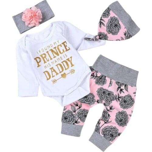 Baby Girl Clothing Newborn Kids Baby Girls Outfits Clothes Romper Bodysuit+Flower Printed Pants+Headband+Hat Set2021 New Arrive