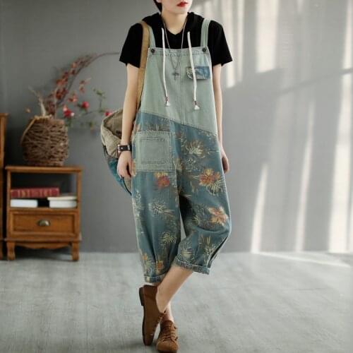 KoreanStyle Spring Trousers Womens Denim Overalls Casual Loose Jumpsuit Female Vintage Printed Baggy Jeans Harem Pants Plus Size
