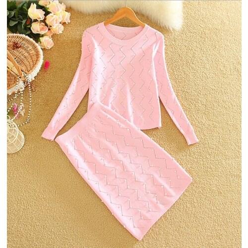 Fashion Women Knitted Sweaters Skirts 2 PCS Outfits Solid Long Sleeve Pearls Female Woman Knitted Sweater Tops Skirt Sets