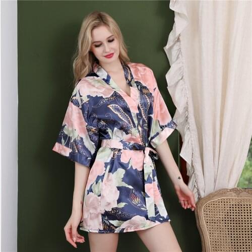 Short Wedding Bride Bridesmaid Robe Dressing Gown Sexy Women Floral Print Bathrobe Nightgown Sleepwear Casual Flower Kimono