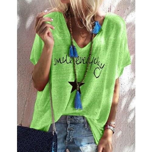 Summer Letter Print Short Sleeve Blouse Shirt Lady Vintage O-Neck Pullover Blusa Five Star Casual Loose Clothes For Women