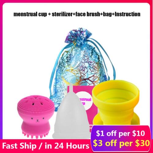 Medical Silicone Menstrual Cup&Foldable Cup Feminine Hygiene Menstrual Period Reusable Vaginal Cups gift Face Cleansing Brush