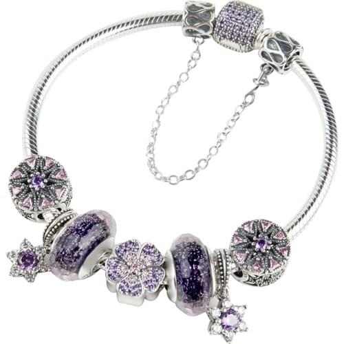 NEW 100% 925 Sterling Silver Brand New 1:1 Genuine Dream Purple Classic Charm Bracelet Purple Glass Lady Bracelet Set