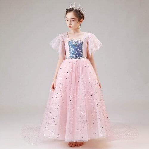 Flower Girls Dresses Ball Gown Crystal Square Collar Lace Floor-Length Sequined Tulle Pink Luxury Princess Kids Party Dress D167