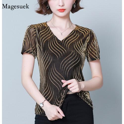 Casual Elastic V Neck Women Tops 2021 Summer Short Sleeve Thin T-shirt Women Fashion Striped Female T-shirt Chemise Femme 14085
