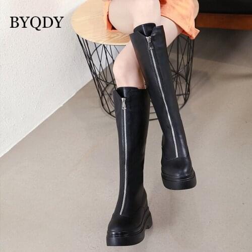 BYQDY Women Winter Boots Warm Patent Leather Non-slip Ladies Shoes Waterproof Front Zipper Fashion Platform Long Boots Size 39