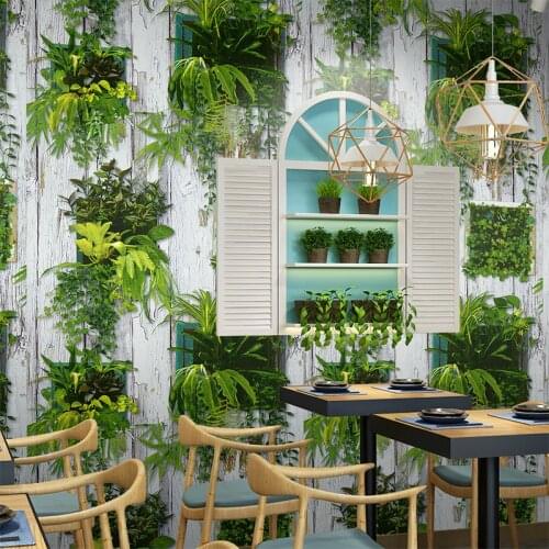 Nordic White Wood Grain Wallpaper Green Plant Pastoral Restaurant Cafe Bar Background Wall Decor PVC Vinyl Wall Paper Waterproof