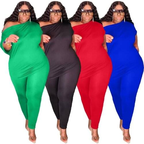 ZKYZWX Plus Size 2 Piece Tracksuit Women Clothing One Shoulder T Shirt Tops Fitness Pants Workout Loungewear Summer Matching Set