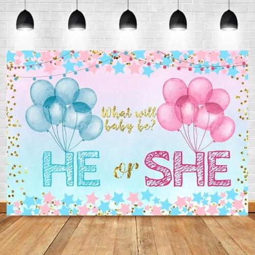 Mocsicka He or She Gender Reveal Backdrop Pink or Blue Balloons Background Vinyl Boy or Girl Gender Reveal Backdrops
